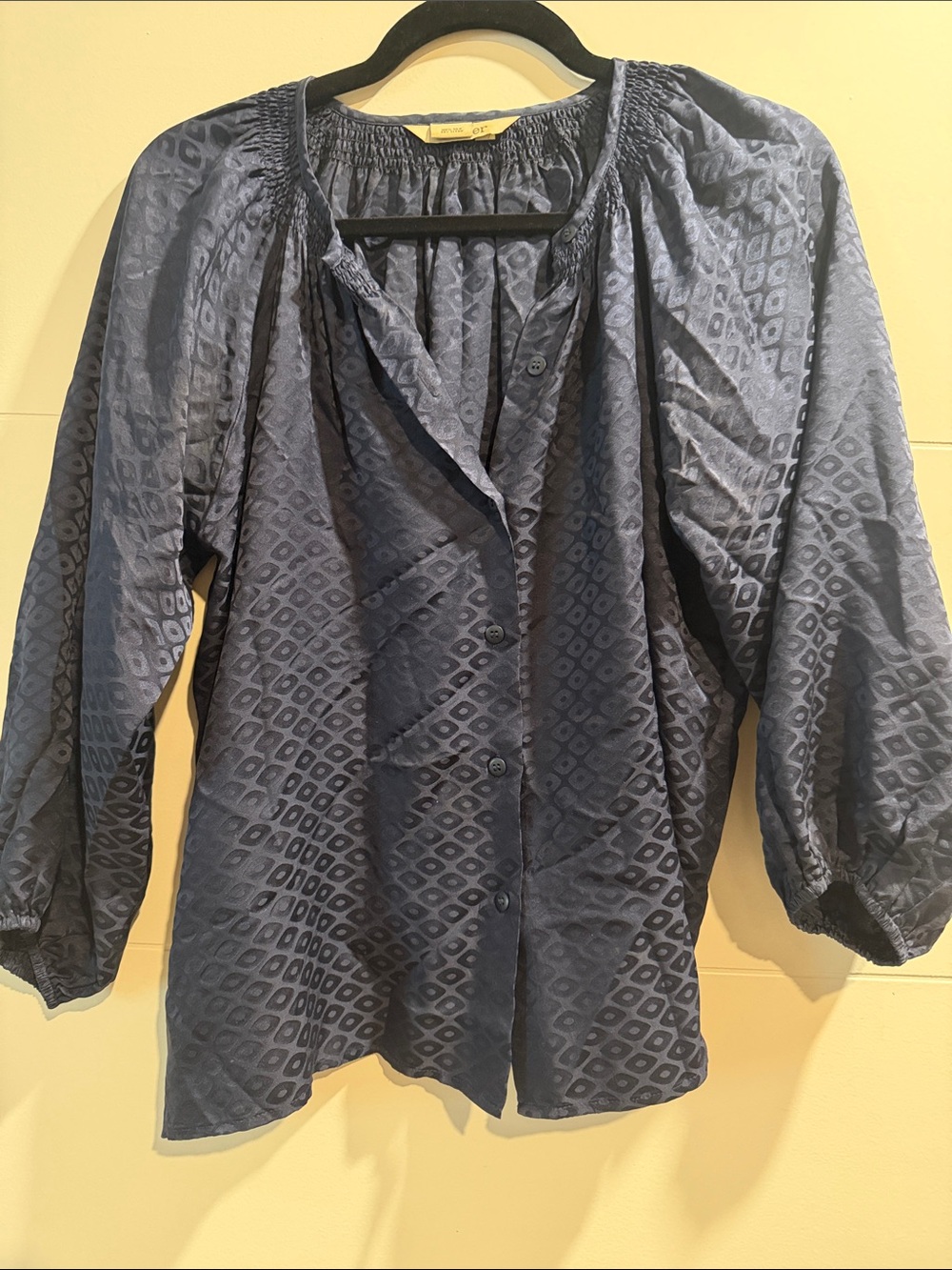 Tucker Navy Diamond-Jacquard Button-Front Blouse